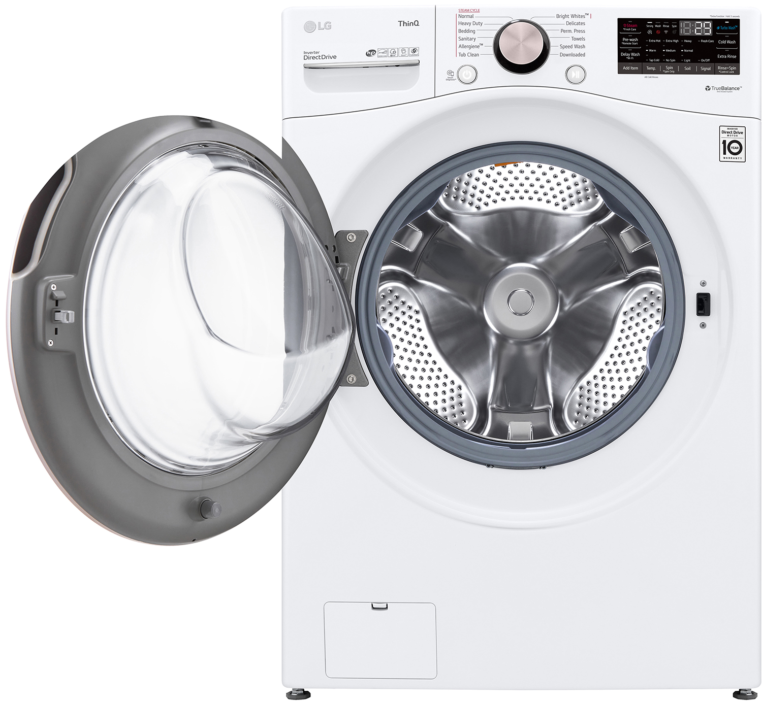 Open Door of a White LG 4-5 Cu Ft Front Load Washer Showing Stainless Steel Wash Drum
