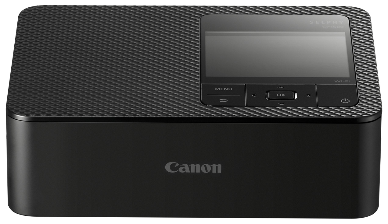 Top front view of the Canon SELPHY CP1500 compact photo printer in black