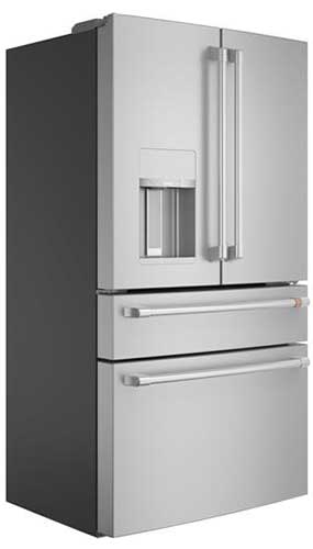Left-angle view of closed refrigerator.