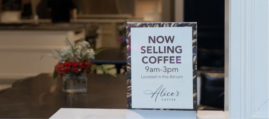 Alice's Coffee shop hours sign