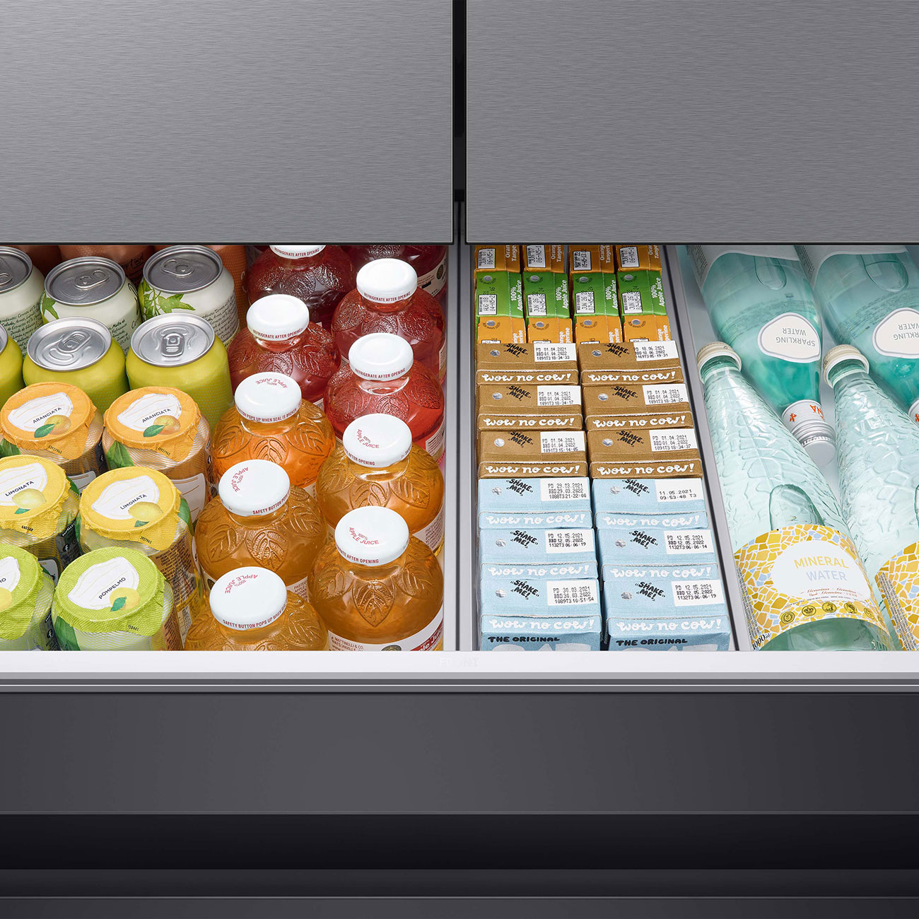 Slight top view of FlexZone Drawer filled with drinks.