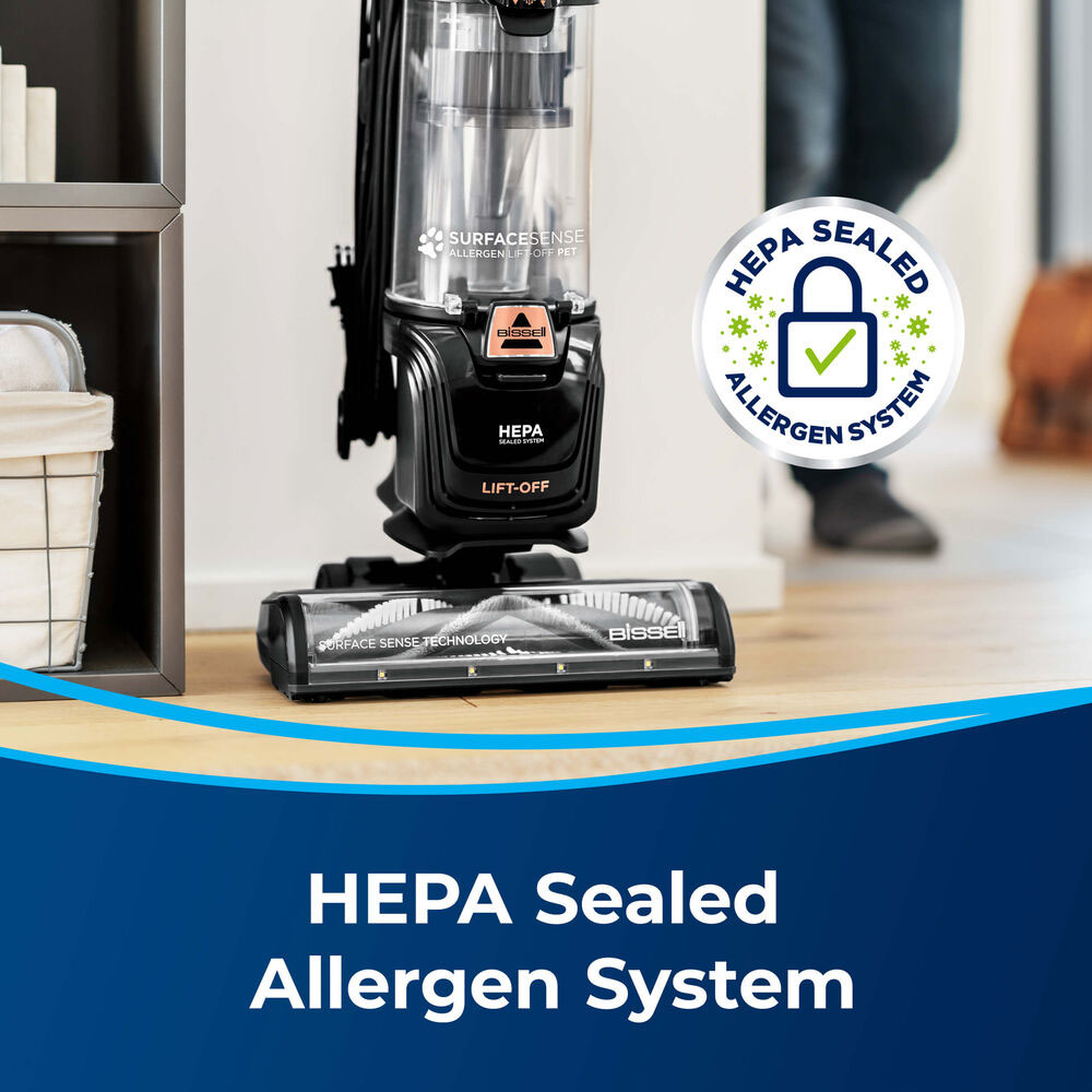Lifestyle image of Bissel SurfaceSense Allergen Pet Lift-Off HEPA sealed allergy system