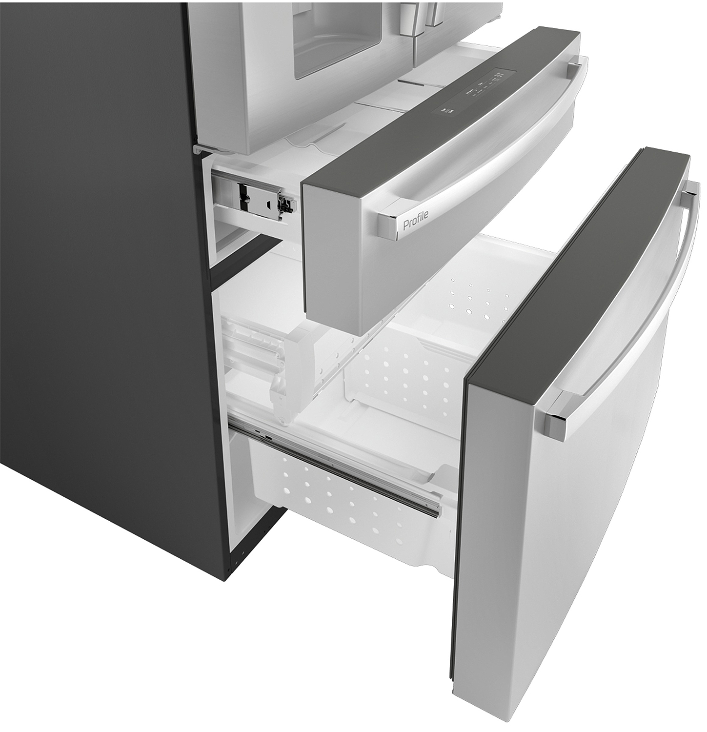 Angle view of empty freezer drawer and freezer.