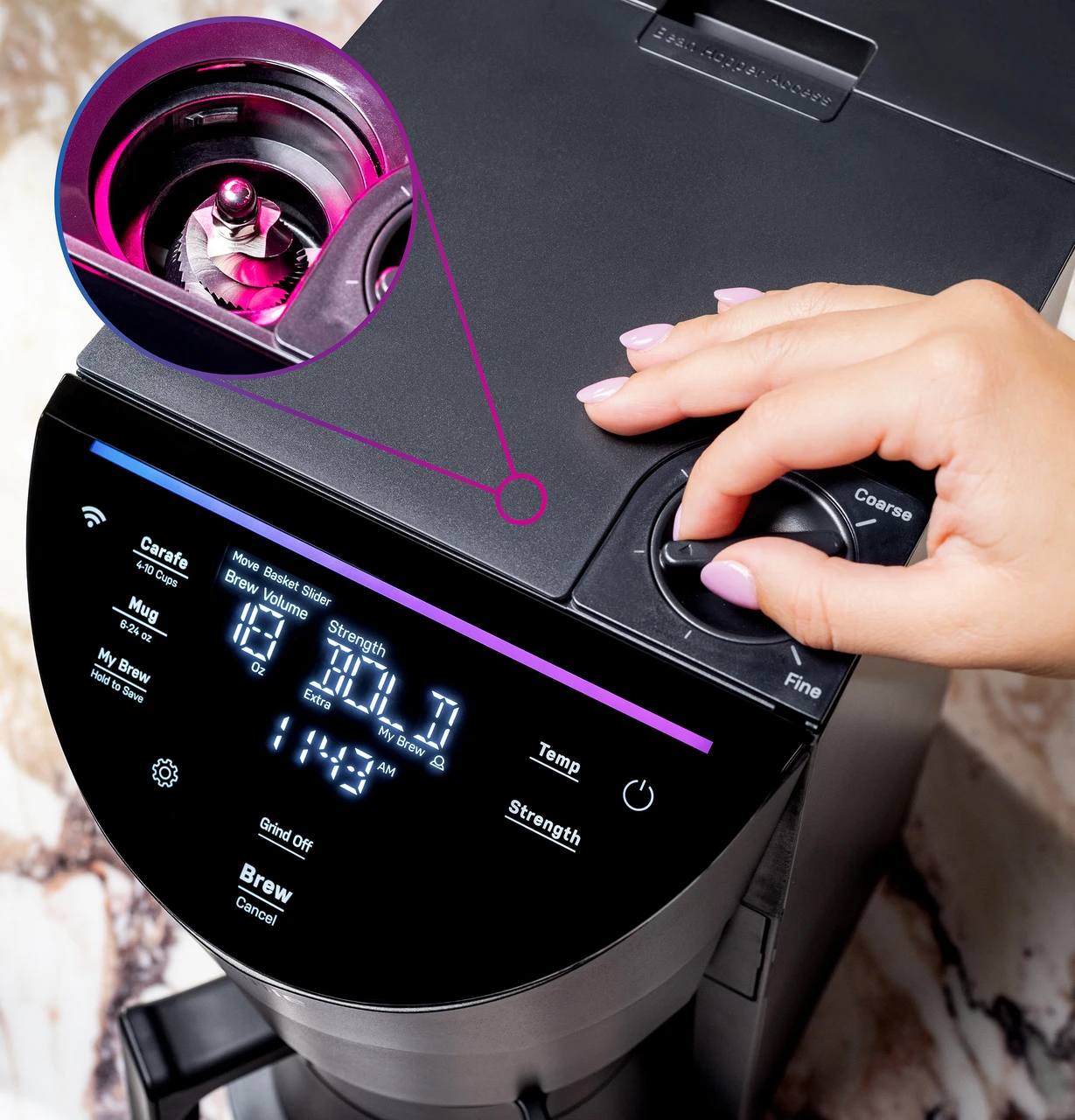 Grinder view of GE Profile Coffee Maker