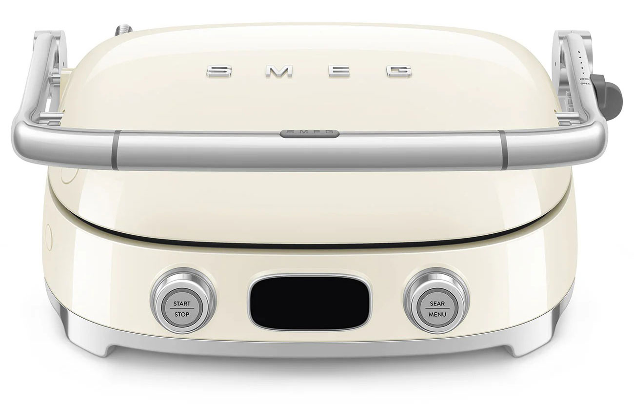 Top angled view of Smeg Retro Style Multi-Use Grill in Cream