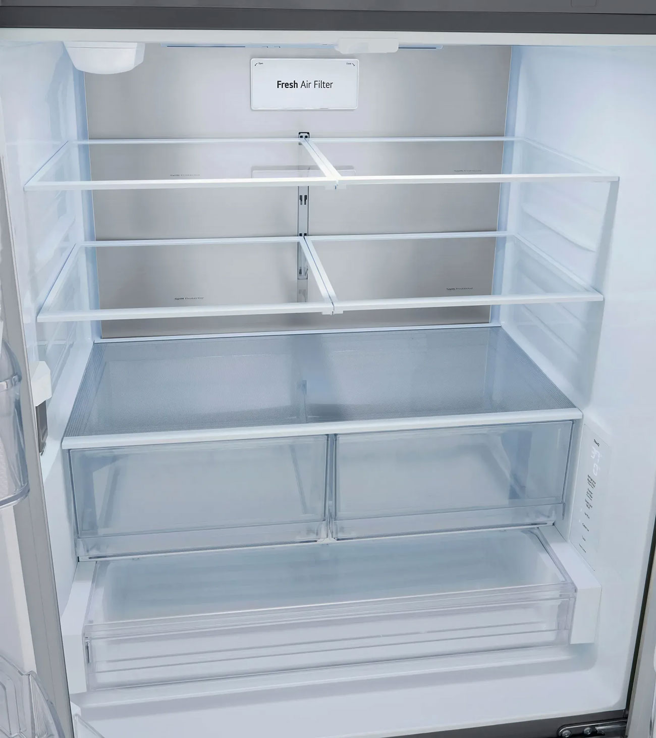 Angled front view inside of LG refrigerator