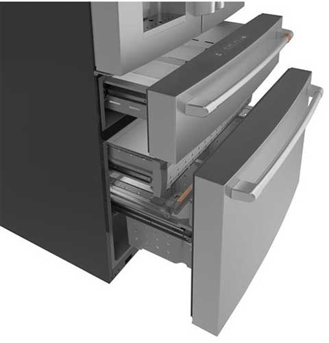 Angle view of pulled-out freezer and convertible drawer with nothing inside.