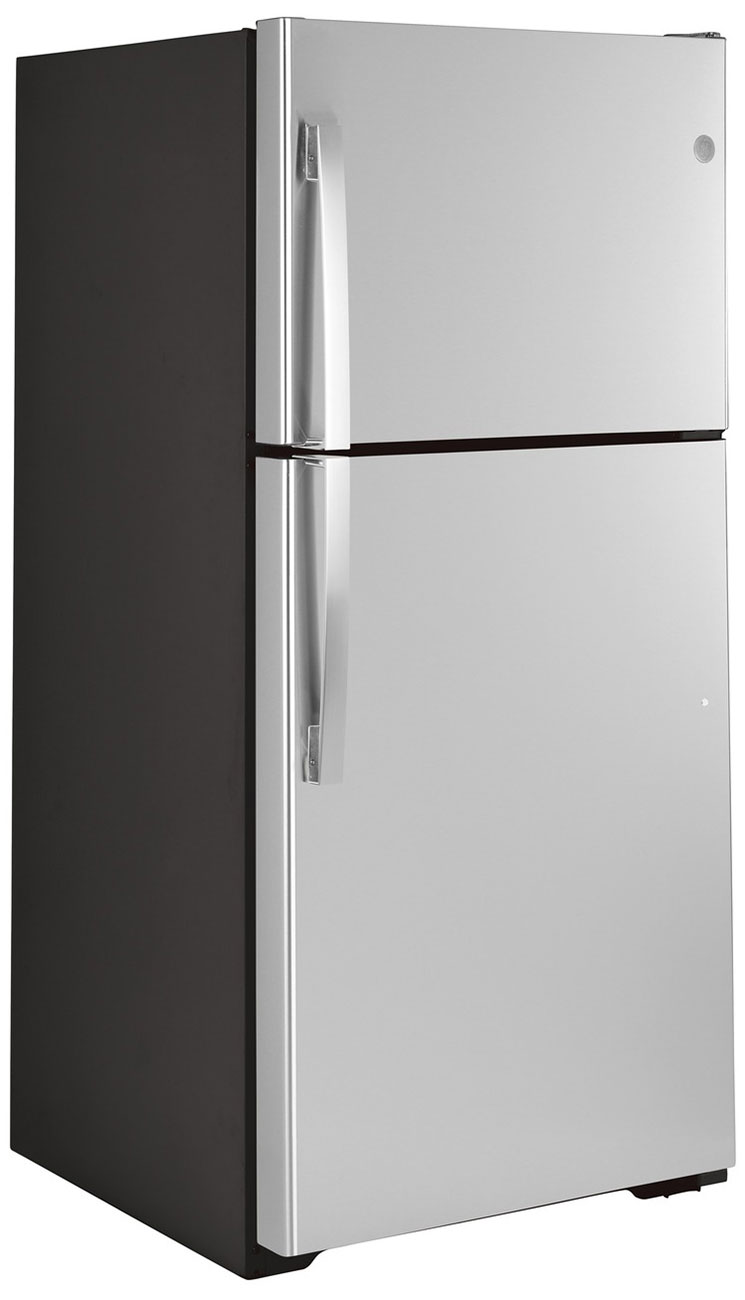 Angle view of closed refrigerator.