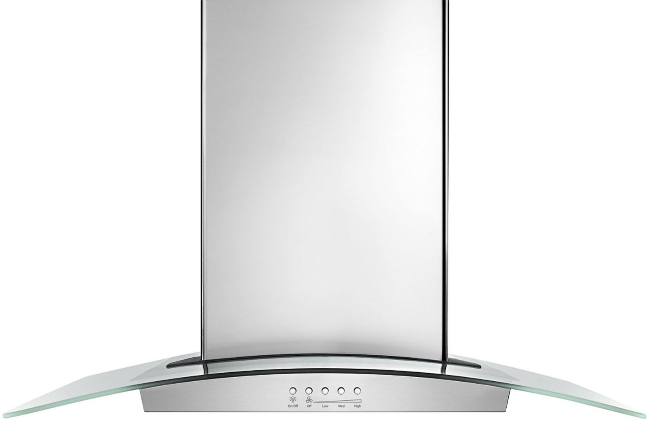 Front view of Whirlpool 36" Modern Glass Island Mount Range Hood
