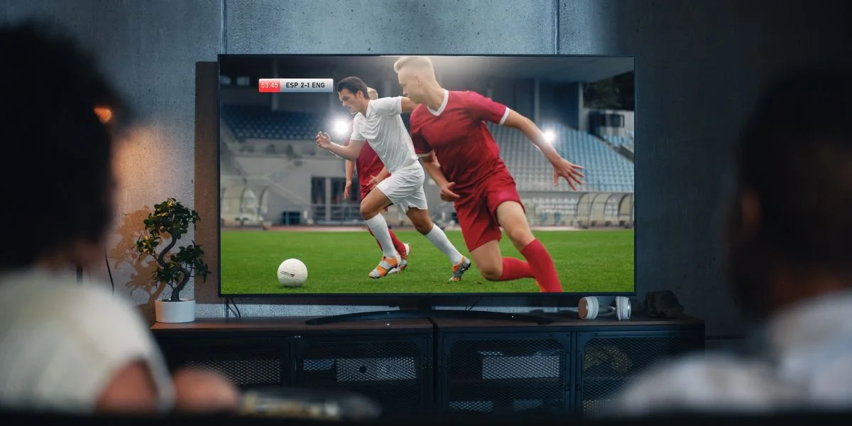 Two people watching a soccer game in their living room.