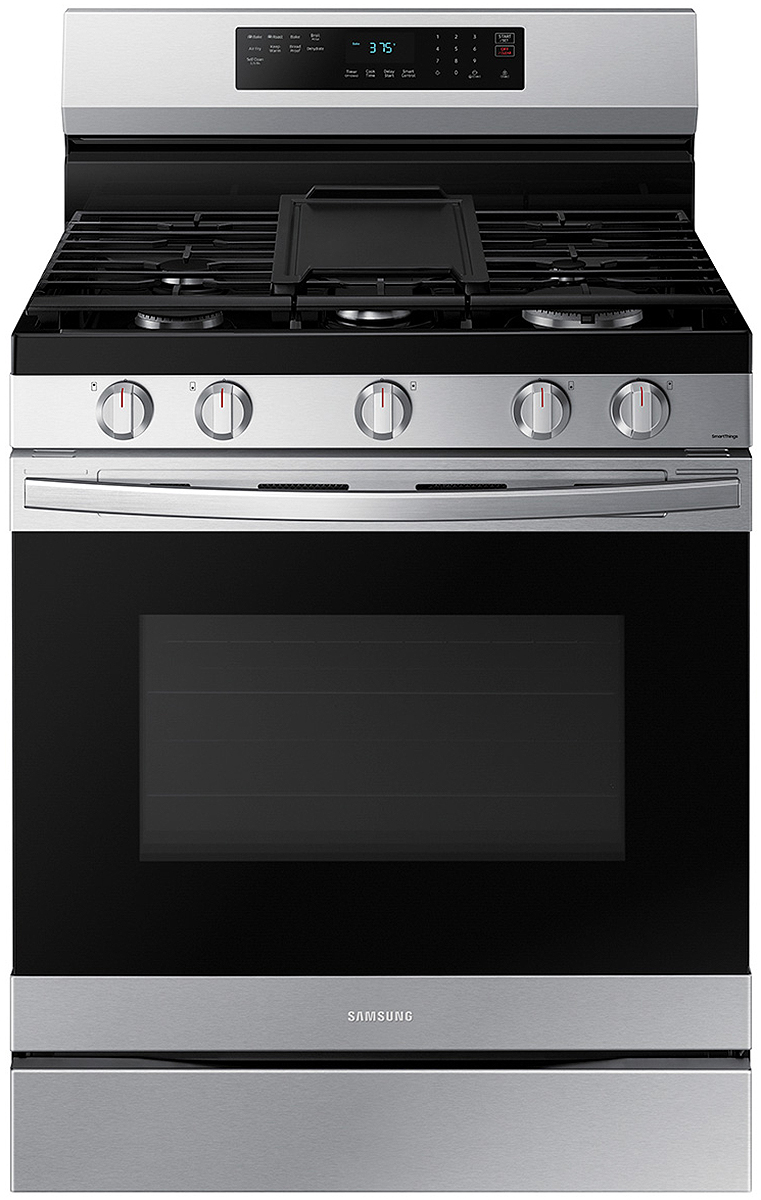 Front view of stainless steel gas range