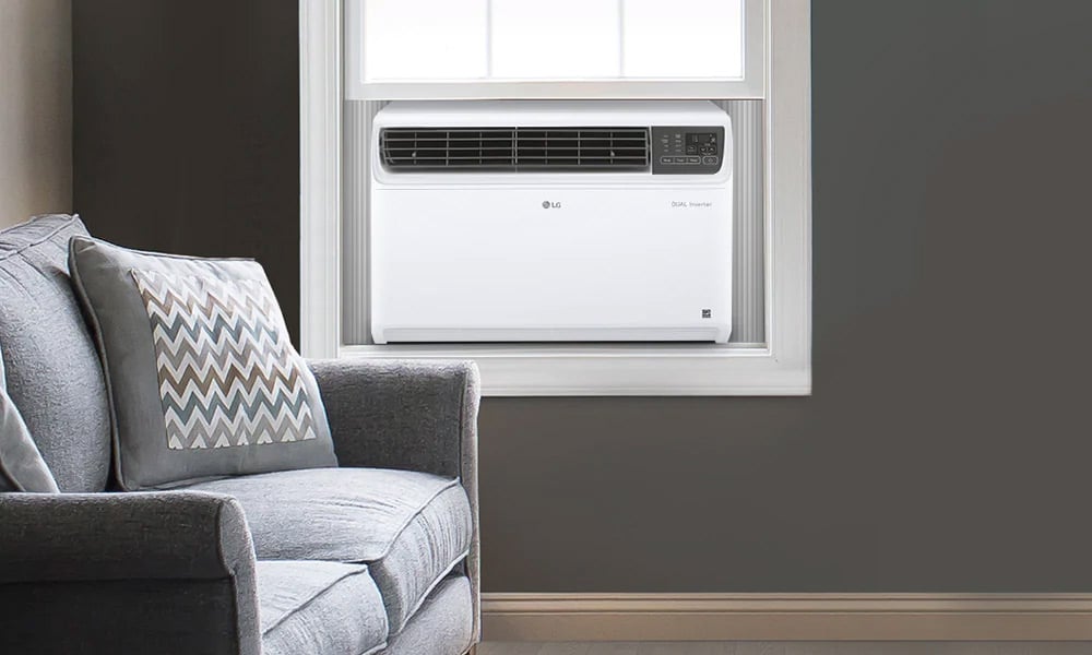 Window air conditioner with a couch in front