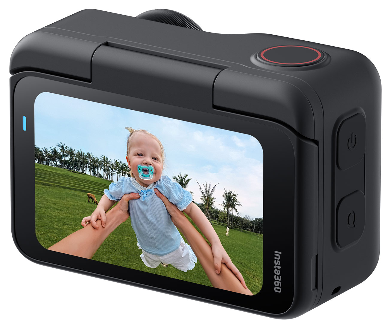 Rear Angled View of Insta360 Action Camera Without Case