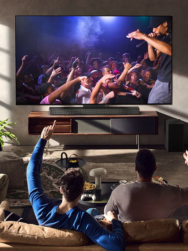 Large flat‑screen TV in a modern home theater living room setup