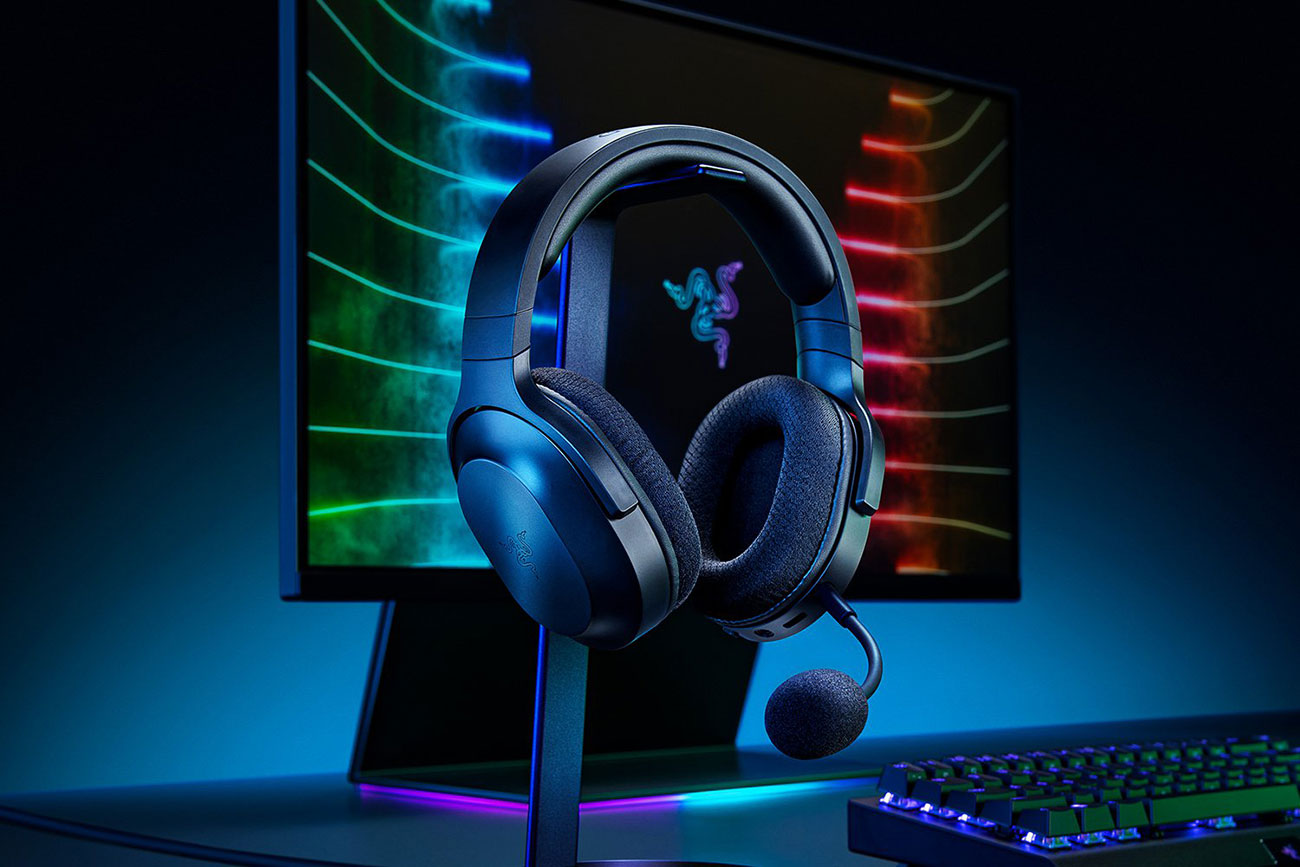 Front Left View of Razer Gaming Headset On Computer Desk