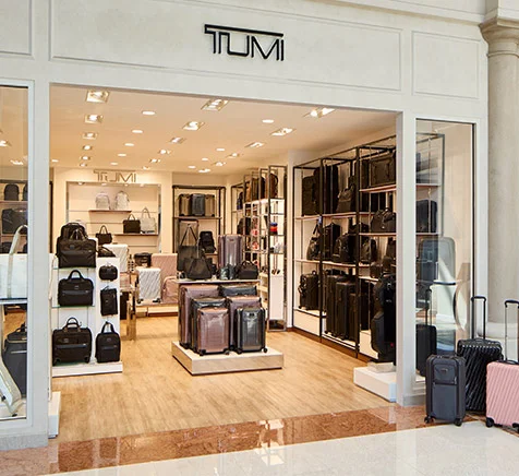 Inside the Tumi boutique off the atrium floor, displaying a wide array of luggage options for customers