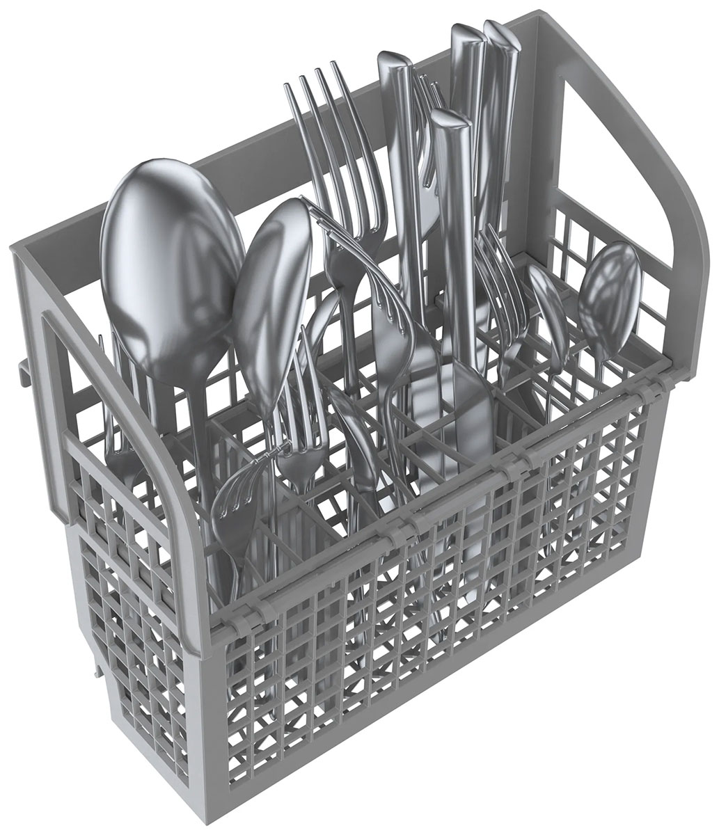 Angle view of filled utensil basket.
