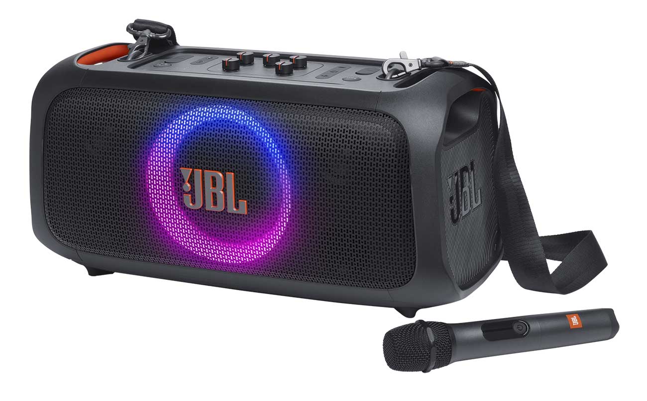 JBL Portable Party Speaker PartyBox On-The-Go Essential with Built-in Lights & Wireless Mic in Black - JBLPBOTGESAM