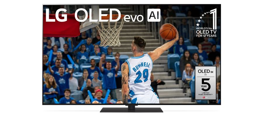 The LG G4 TV with the text LG OLED evo AI with a basketball player in blue and white about to make a slam dunk