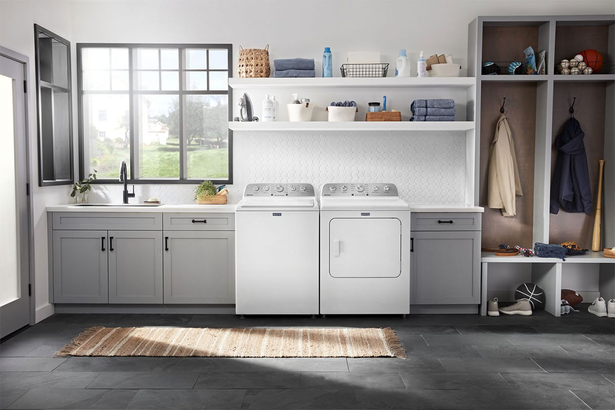 Washer and dryer in a laundry room.