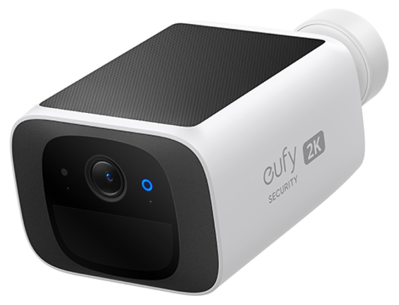 Dynamic view of the Eufy Security SoloCam S220 outdoor camera in white finish