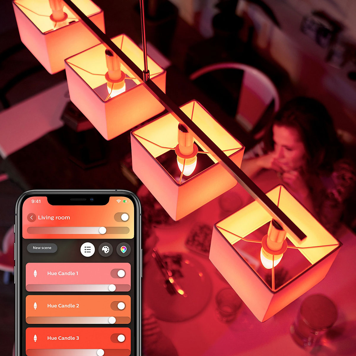 View of the Philips Hue E12 White And Color Ambiance Single Bulb In Use In Living Room