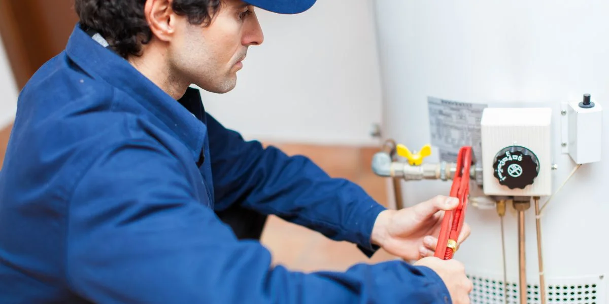 A specialist in navy blue working on a tank water heater with a plumber's wrench.