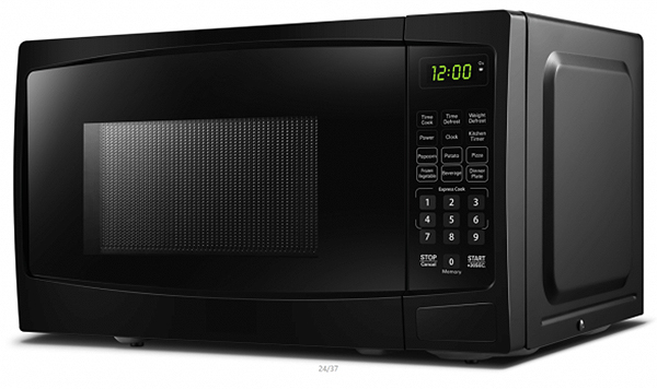 Left angle view of closed microwave.