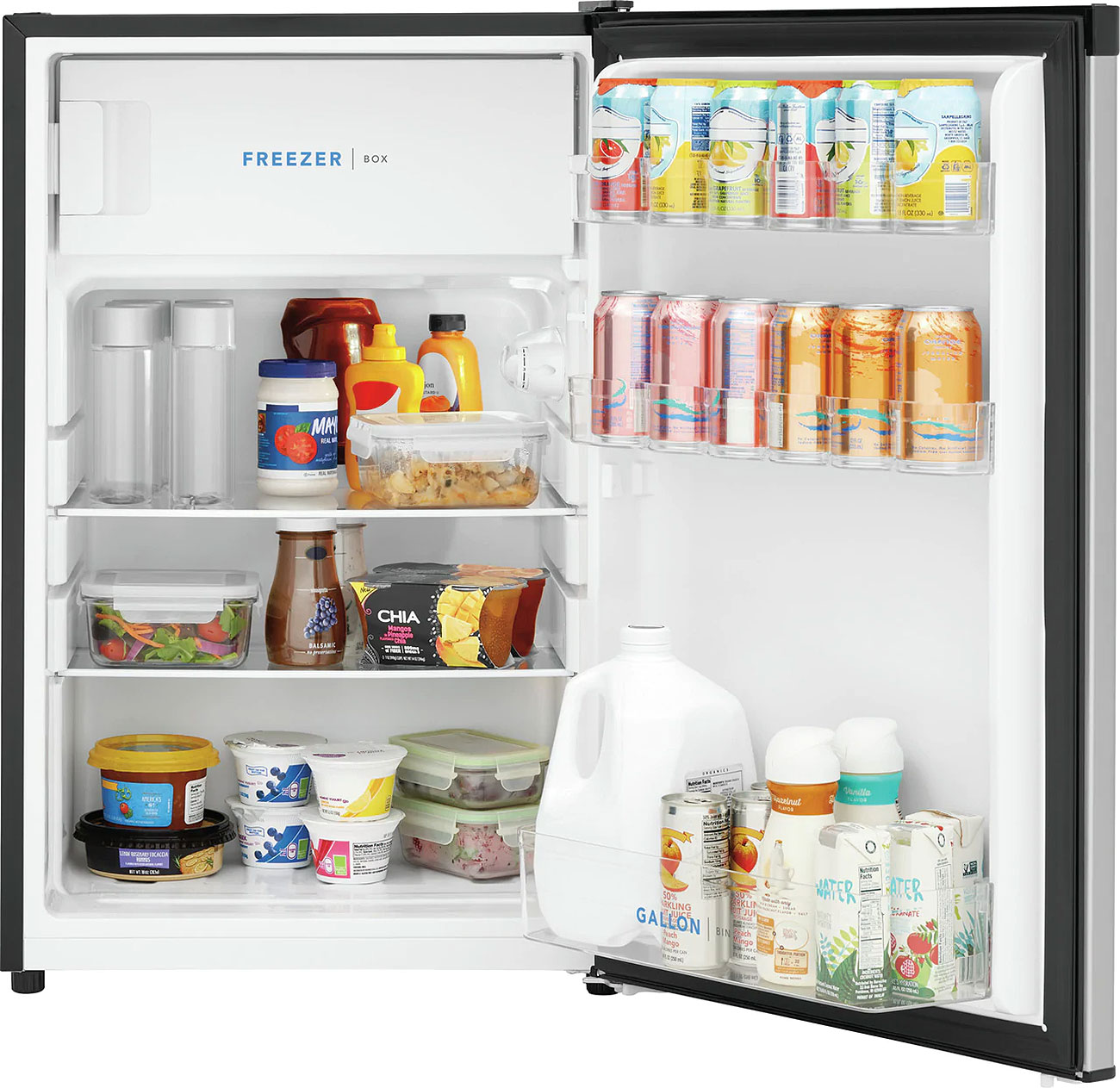 Front, open, stocked view of compact refrigerator
