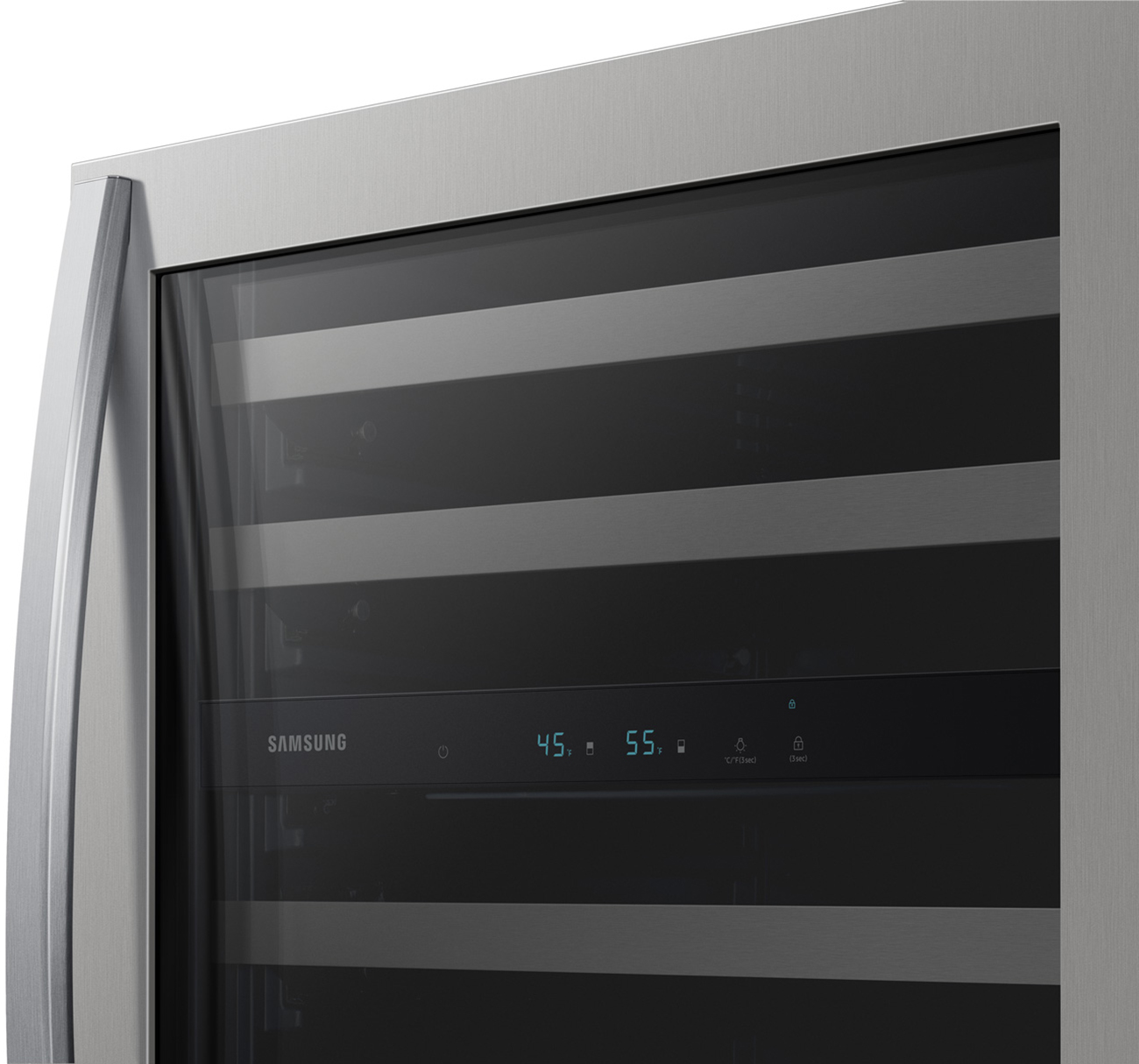 Close-up of wine cooler door.