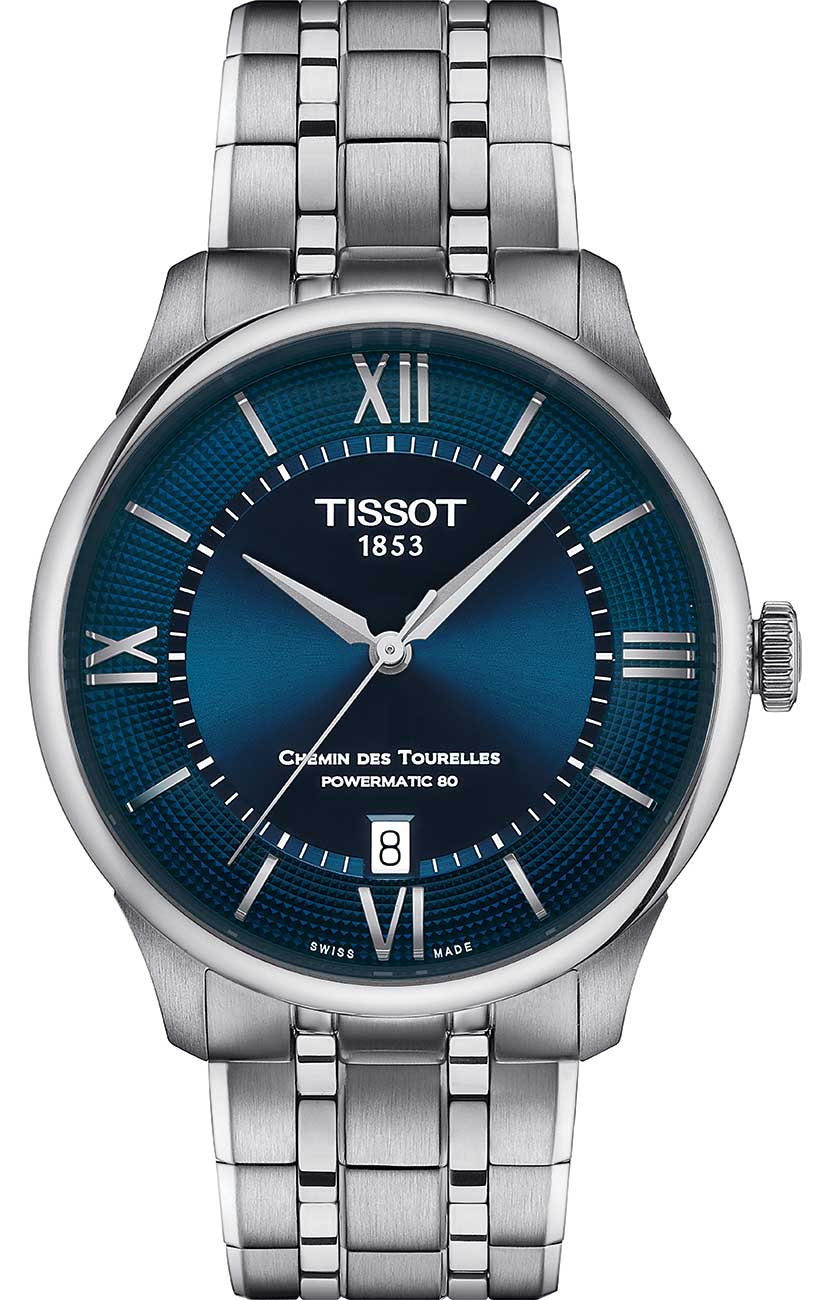 Front View of  Tissot Chemin Des Tourelles Blue Dial Watch
