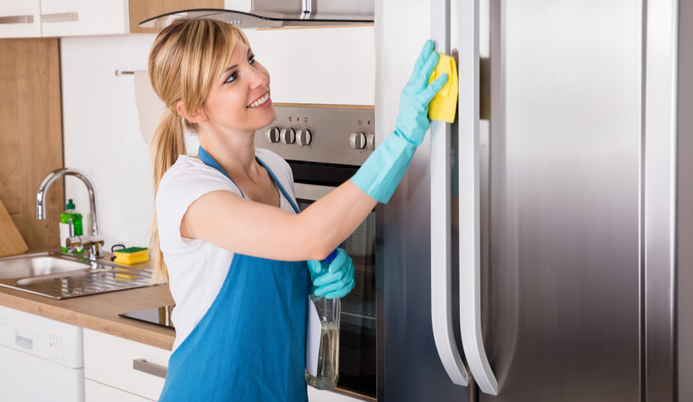 Person Cleaning Stainless Steel Fridge