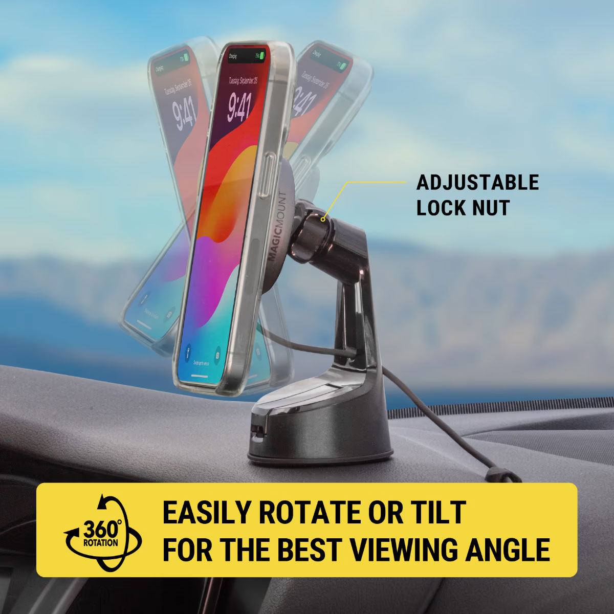 Infographic View of Scosche Phone Mount Rotation Feature