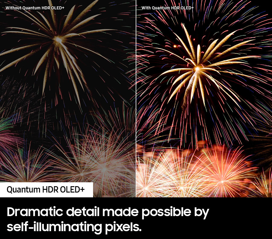 Self-Illuminating Pixel Comparison with Fireworks for a non-Quantum HDR TV and a Samsung 77 Inch 4K OLED TV
