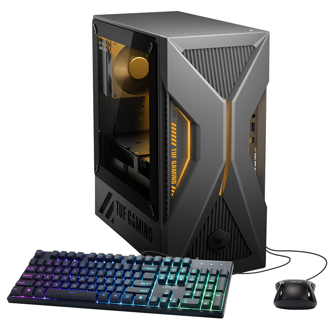 Front Left View of ASUS Gaming Desktop and Accessories