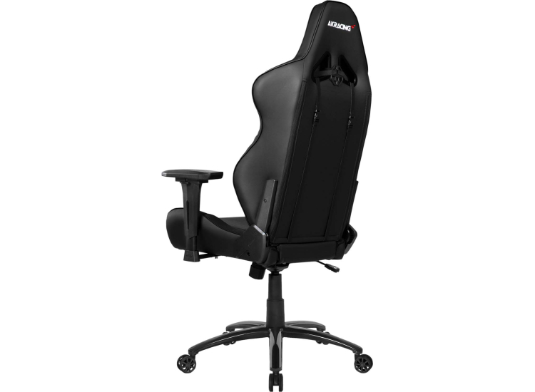 Side view of black racing gaming chair with tall backrest and swivel base.