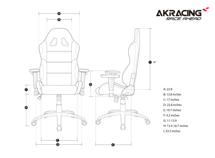 Line drawing including front and side views with dimensions for an AKRACING gaming chair