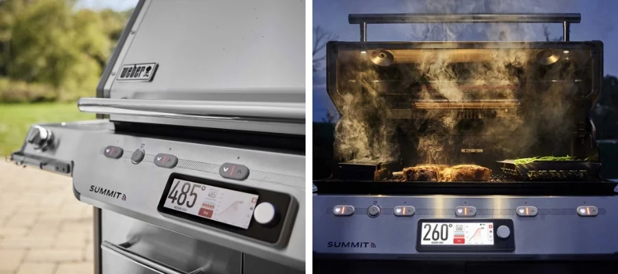 Two images of a silver summit smart grill made in 2024. One is closed, the other is open and grilling steaks and veggies. You can clearly see the smart touch screens