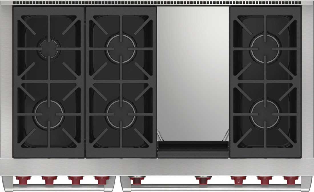 Cooktop view of Wolf Dual Fuel Range