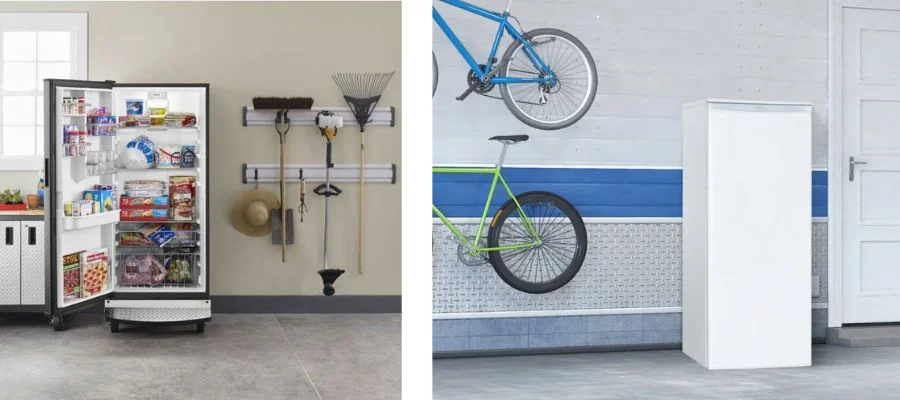 On the left, a garage refrigerator with the door open in a garage with a mounting system that holds gardening tools on the wall. On the right, a column refrigerator in a garage beside mounted bicycles
