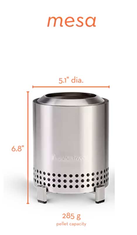 Front view of Mesa Tabletop SS Fire Pit (Dimensions)