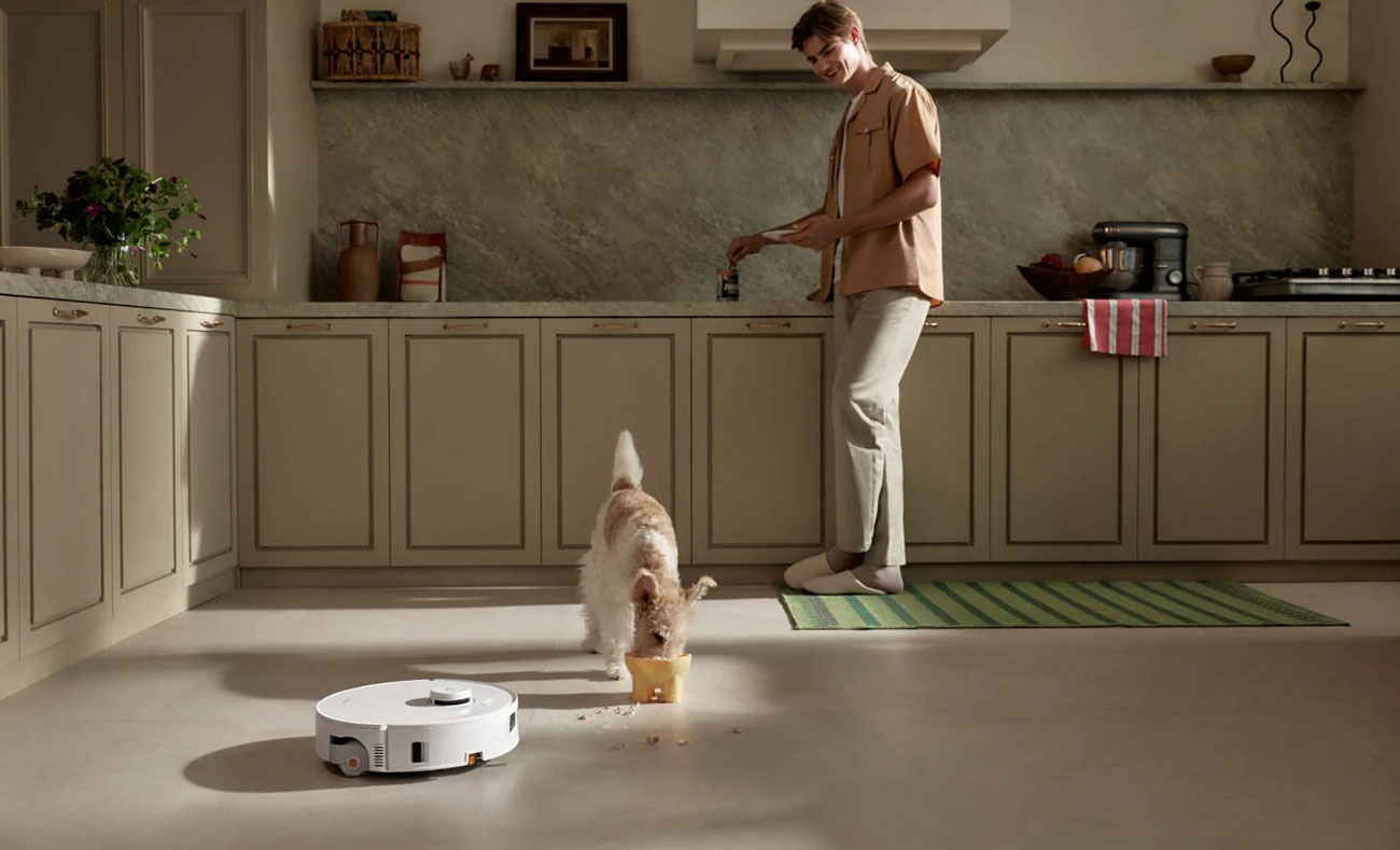 View of Roborock Robot Vacuum picking up dog food