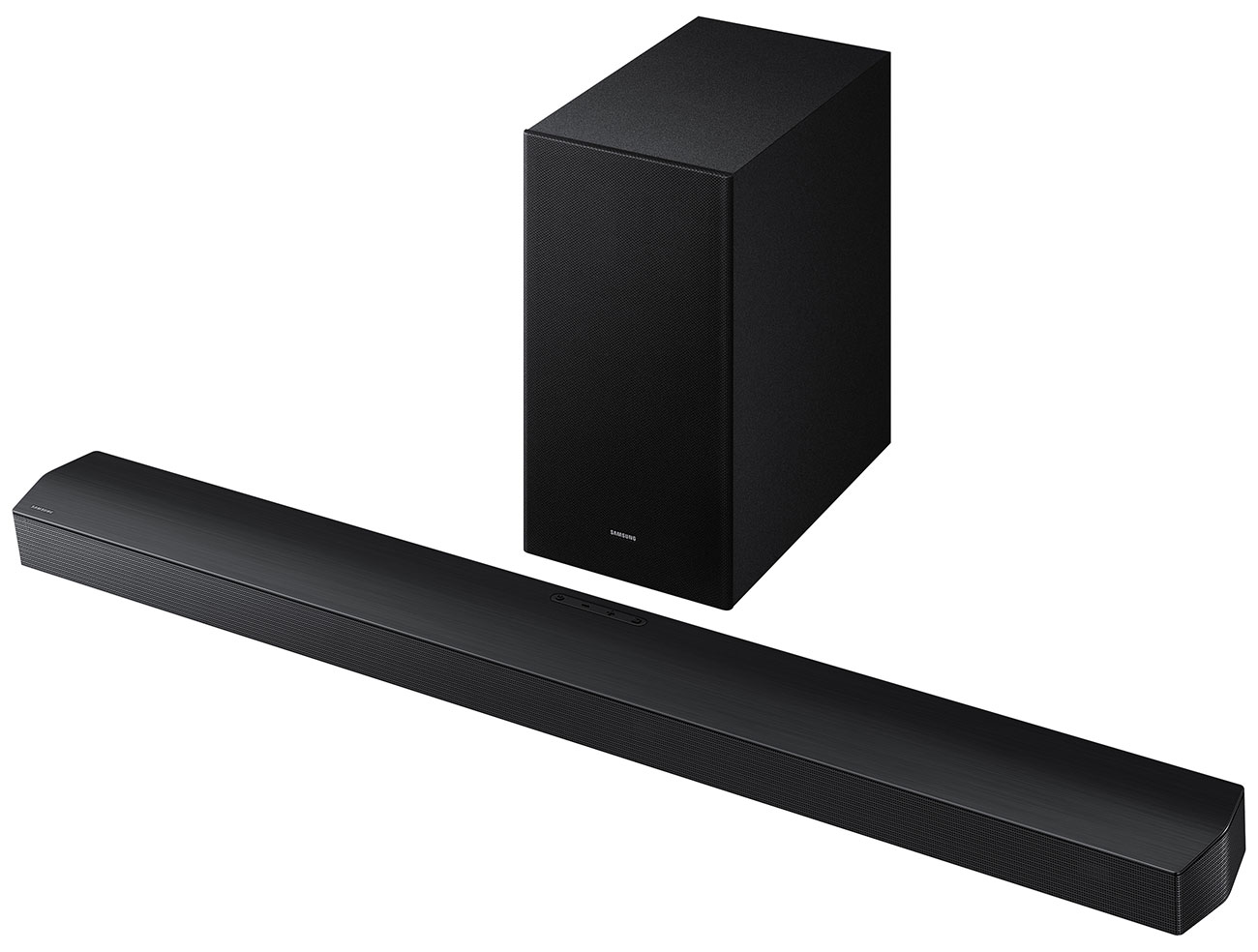 Front Right View of Samsung Soundbar with Subwoofer