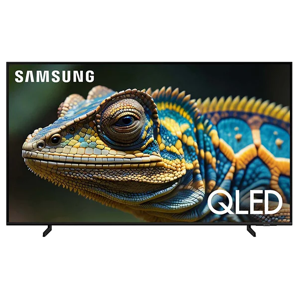 The Samsung Q60D TV displaying a blue and yellow lizard.