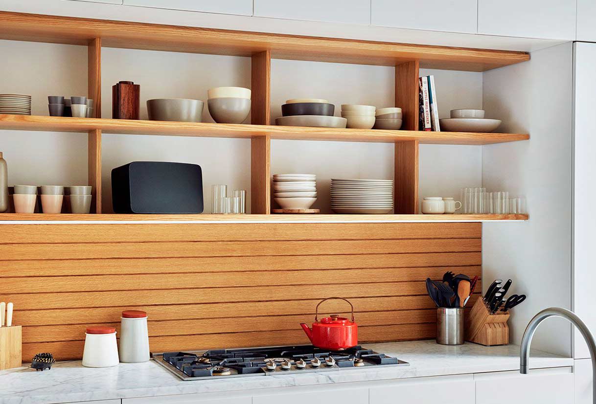 Wireless Home Speaker on a kitchen shelf