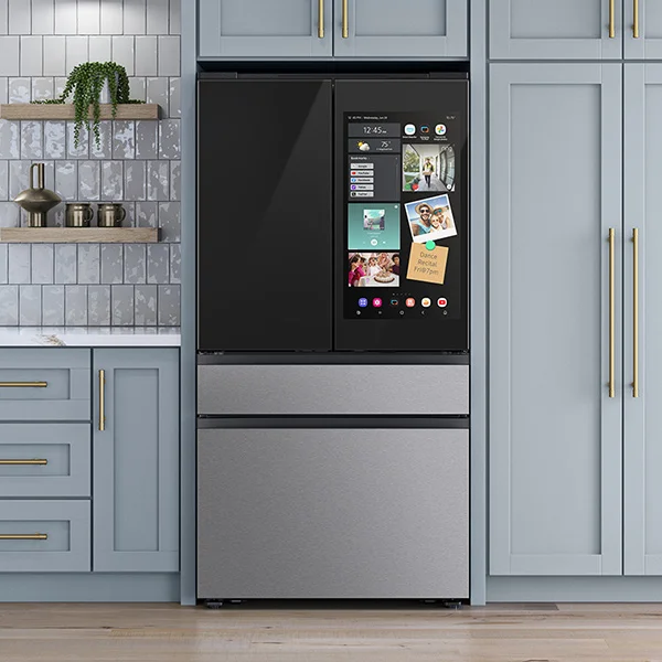 Samsung Bespoke French door refrigerator in kitchen with dusty blue cabinets