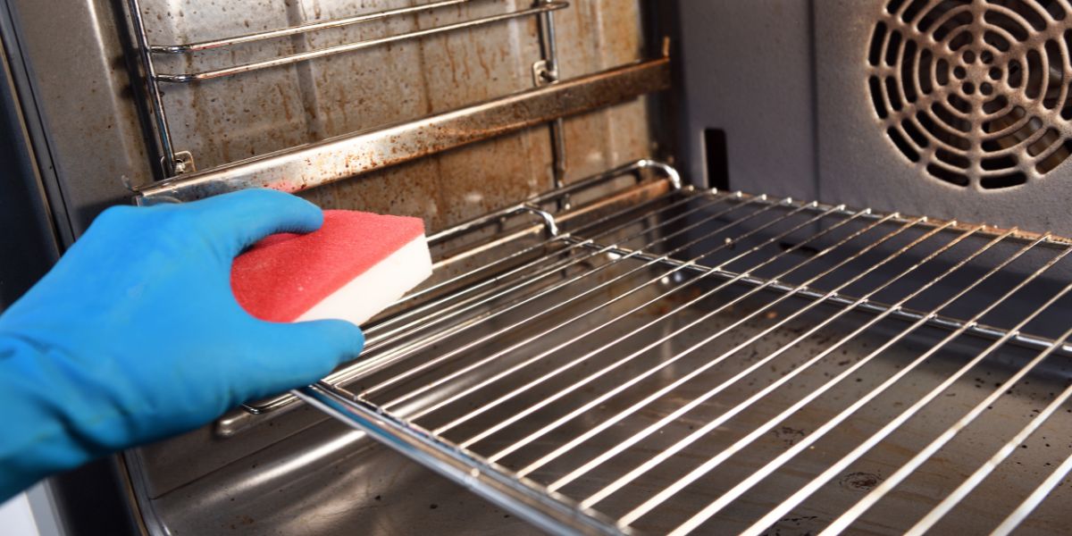 person wearing rubber gloves using a red and white sponge to clean inside oven