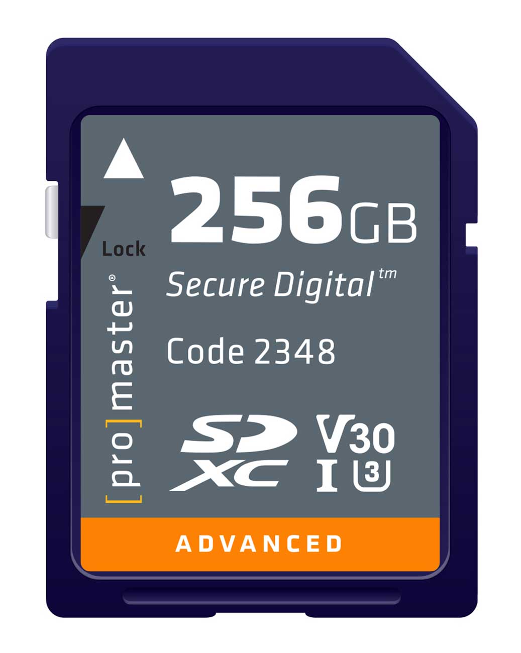 Front view of 256GB Advanced SDXC UHS-I V30 Memory Card