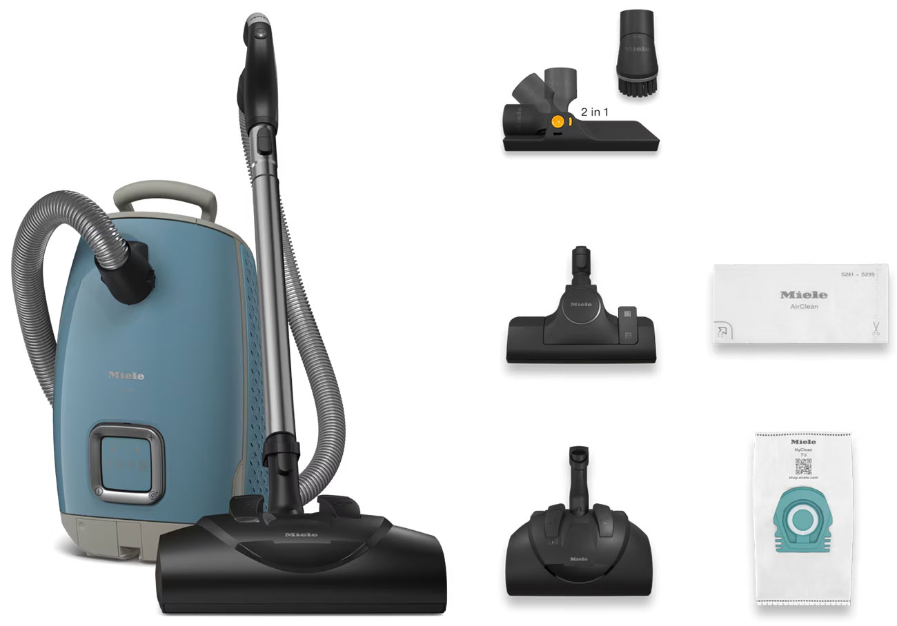 Front View of Miele Cannister Vacuum and Accessories