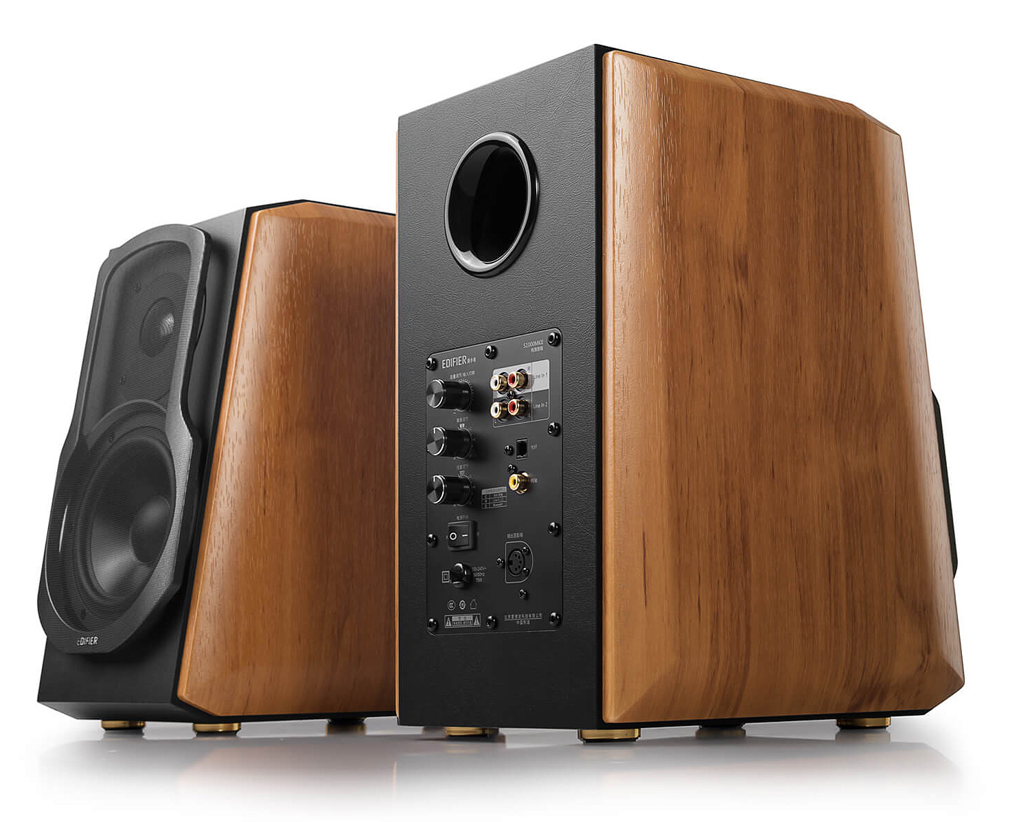 A Pair of Walnut Edifier Bookshelf Speakers Showing the Front and Back of the Speakers
